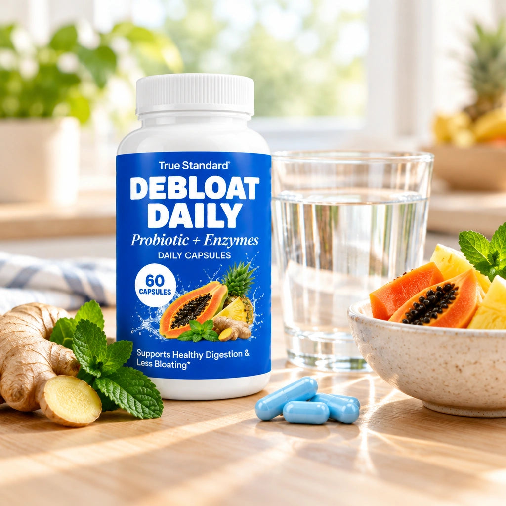Debloat Daily capsules on a kitchen table