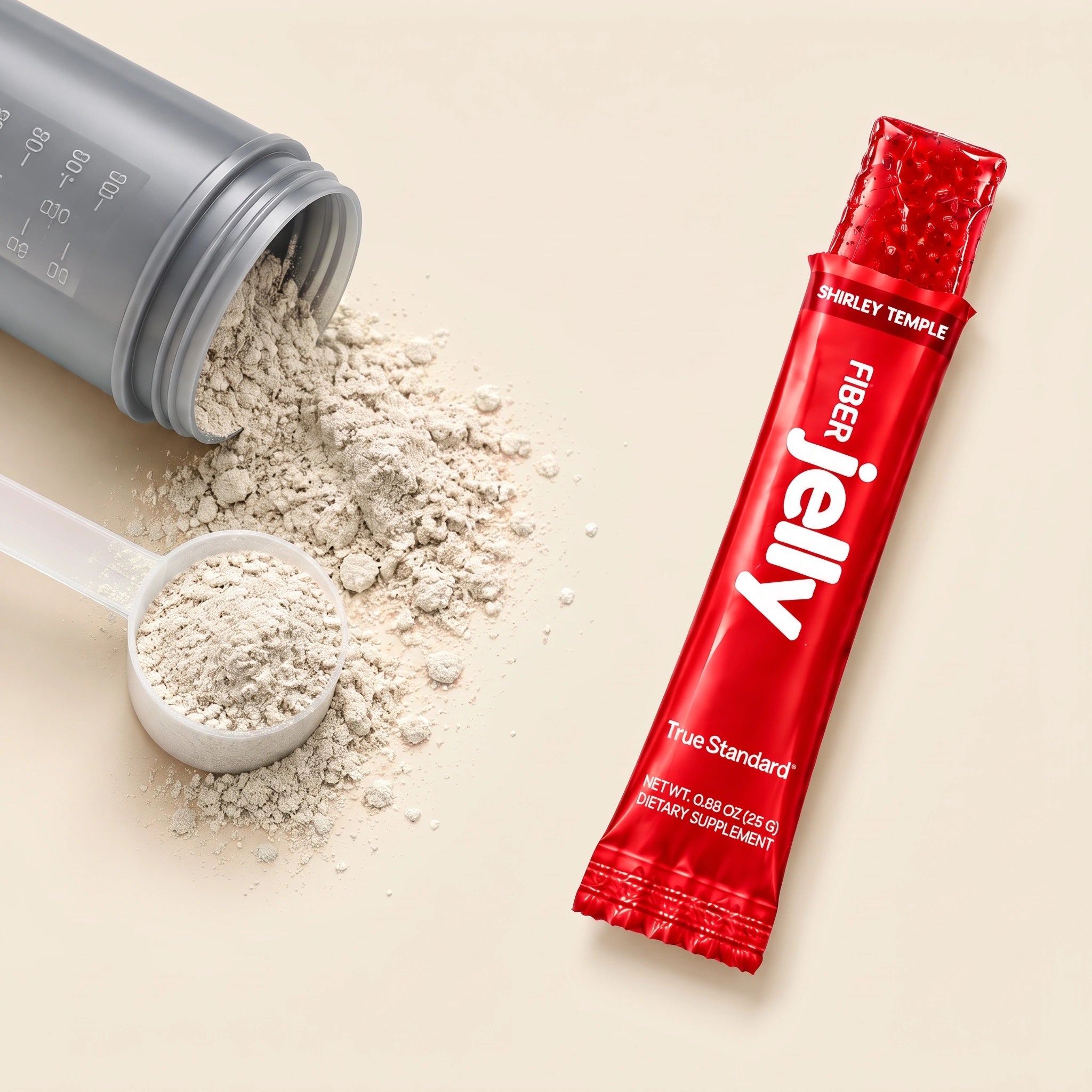 Fiber powder spilled next to an opened Fiber Jelly stick